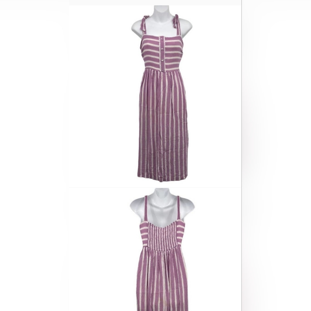 Melloday Striped Tie Strap Dress L Button Front Sleeveless Square Neck Smocked
